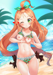 Rule 34 | 1girl, ;o, bangs pinned back, bare arms, beach, bikini, bikini top lift, blue sky, blush, breasts, brown hair, caron (straycat910), clothes lift, collarbone, commentary request, cowboy shot, day, food print, frilled bikini, frills, green bikini, green eyes, green ribbon, hair ornament, hair ribbon, hairclip, hands on own chest, heart, heart-shaped boob challenge, long hair, medium breasts, navel, nipples, ocean, one eye closed, original, outdoors, palm leaf, parted lips, print bikini, ribbon, sky, solo, standing, stomach, strawberry print, swimsuit, very long hair, water