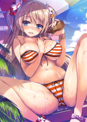 Rule 34 | 1girl, absurdres, areola slip, beach umbrella, between breasts, bikini, blue eyes, blush, breasts, cleavage, cropped, dengeki moeou, flower, flower anklet, front-tie bikini top, front-tie top, hair flower, hair ornament, hand on own chest, highres, large breasts, lens flare, light brown hair, nose blush, outdoors, sandals, scan, sitting, smile, solo, spread legs, strap slip, striped bikini, striped clothes, swimsuit, tanning oil, tomose shunsaku, two side up, umbrella