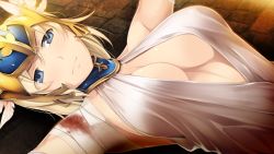 Rule 34 | 1girl, against wall, anastasia austin, bandaged arm, bandages, blonde hair, blue eyes, breasts, cleavage, closed mouth, dress, female focus, game cg, headpiece, looking at viewer, medium breasts, outstretched arms, sakurajima saromako, short hair, sleeveless, sleeveless dress, solo, tetsu to ra, upper body, white dress