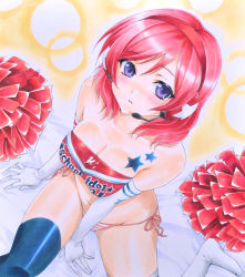 Rule 34 | 10s, 1girl, bandeau, bare shoulders, black thighhighs, breasts, cheerleader, cleavage, from above, headset, looking at viewer, love live!, love live! school idol festival, love live! school idol project, marker (medium), millipen (medium), nishikino maki, no pants, panties, parted lips, pastel (medium), pom pom (cheerleading), purple eyes, red hair, ren (endscape20), shiny skin, short hair, side-tie panties, solo, star (symbol), striped clothes, striped panties, takaramonozu, taut clothes, thighhighs, traditional media, underwear, white thighhighs
