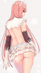 Rule 34 | 1girl, ass, back, blush, brown eyes, cocq taichou, crop top, elbow gloves, fate/grand order, fate (series), gloves, grin, layered gloves, long hair, looking at viewer, looking back, medb (fate), miniskirt, no panties, pink hair, simple background, skirt, smile, snowflakes, solo, thighs, tiara, white gloves, white skirt