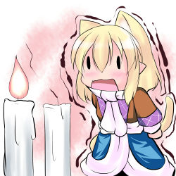 Rule 34 | 1girl, animal ears, blonde hair, candle, cat ears, cat girl, cat tail, chibi, commentary request, extra ears, female focus, fire, gradient background, hoshizuki (seigetsu), kemonomimi mode, mizuhashi parsee, open mouth, puru-see (hoshizuki (seigetsu)), scarf, solo, tail, touhou, trembling, white background, | |
