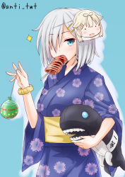 Rule 34 | 10s, 1girl, abyssal ship, anti (untea9), aqua background, aqua eyes, blue background, blue eyes, character doll, character mask, food in mouth, hair ornament, hair over one eye, hairclip, hamakaze (kancolle), highres, i-class destroyer, ikayaki, japanese clothes, kantai collection, kimono, looking at viewer, mask, mask on head, scrunchie, short hair, silver hair, simple background, sparkle, stuffed toy, twitter username, water yoyo, wrist scrunchie, yuudachi (kancolle)