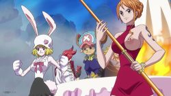 Rule 34 | 2girls, 3boys, animal ears, antlers, bare shoulders, black skirt, blonde hair, breasts, can, carrot (one piece), cowboy shot, creature, dress, drink can, fire, gloves, hair bun, halterneck, hat, highres, horns, large breasts, multiple boys, multiple girls, nami (one piece), no bra, nude filter, one breast out, one piece, orange hair, outdoors, r34son, rabbit ears, rabbit girl, rabbit tail, red dress, red hair, revealing clothes, shirt, short dress, short hair, single hair bun, skirt, sleeveless, sleeveless shirt, soda can, tail, tattoo, third-party edit, tony tony chopper, vinsmoke ichiji, vinsmoke judge, white gloves, white headwear, zenra