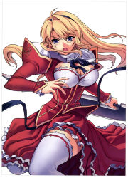 Rule 34 | 1girl, absurdres, blonde hair, blue eyes, blush, bow, breasts, cleavage, cleavage cutout, clothing cutout, detached sleeves, dress, female focus, freezing (series), frilled skirt, frills, hair between eyes, hairband, highres, kim kwang hyun, lace, lace-trimmed shirt, lace trim, large breasts, long hair, long skirt, long sleeves, no bra, official art, open mouth, parted bangs, parted lips, puffy long sleeves, puffy sleeves, satellizer el bridget, scan, school uniform, shirt, skirt, sleeves past wrists, solo, sword, thighhighs, turtleneck, weapon, white thighhighs