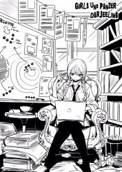 Rule 34 | 1girl, artist name, bags under eyes, book, braid, chalkboard, character name, closed mouth, commentary, computer, copyright name, cup, darjeeling (girls und panzer), dress shirt, frown, girls und panzer, glaring, greyscale, hair down, hair tie, holding, holding laptop, holding pencil, hone (honehone083), indoors, laptop, long sleeves, loose necktie, miniskirt, monochrome, necktie, pantyhose, pencil, pleated skirt, school uniform, shirt, short hair, signature, sitting, skirt, sleeves rolled up, solo, st. gloriana&#039;s school uniform, table, teacup, trash, trash can, twin braids, window, wing collar