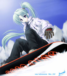 Rule 34 | 00s, 1girl, artist request, blue eyes, copyright name, day, full body, gloves, green hair, long hair, looking at viewer, navel (company), non-web source, outdoors, parted bangs, purple eyes, side ponytail, smile, snow, snowboard, solo, soul link, very long hair, yuu yamanami