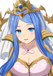 Rule 34 | 1girl, absurdres, blue eyes, blue hair, blush, breasts, cleavage, collarbone, commentary request, fire emblem, fire emblem engage, highres, large breasts, long hair, looking at viewer, lumera (fire emblem), nintendo, open mouth, parted bangs, patty ojisan, simple background, smile, solo, tiara, upper body, white background