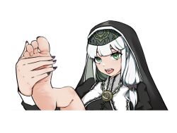 Rule 34 | 1girl, barefoot, feet, green eyes, long hair, looking at viewer, nun, open mouth, soles, toes, white hair