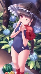 Rule 34 | 1girl, ajirogasa, bandana, black hair, blue flower, braid, brown hat, clothes writing, flower, food, fruit, hat, highres, leaf, long earlobes, looking at viewer, lzh, one eye closed, own hands together, red bandana, red eyes, red footwear, school swimsuit, solo, standing, swimsuit, touhou, watermelon, yatadera narumi