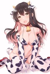 Rule 34 | 1girl, absurdres, alternate costume, animal ears, animal print, bare shoulders, bell, bikini, black hair, blush, breasts, cleavage, collar, collarbone, commentary request, cow ears, cow girl, cow horns, cow print, cow print bikini, cow tail, cowbell, elbow gloves, fang, gloves, hair between eyes, halterneck, highres, horns, interstellar, kantai collection, large breasts, long hair, looking at viewer, multicolored hair, naganami (kancolle), navel, neck bell, open mouth, pink hair, print bikini, shoes, simple background, sitting, skindentation, solo, string bikini, swimsuit, tail, thighhighs, two-tone hair, wariza, wavy hair, white background, yellow eyes