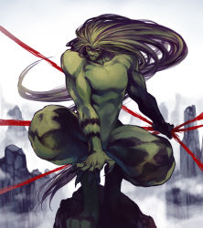 Rule 34 | 1990s (style), 1boy, blonde hair, claws, demon, fog, gradient background, long hair, male focus, mountain, muscular, outdoors, retro artstyle, solo, tail, tora (ushio to tora), ushio to tora, white background
