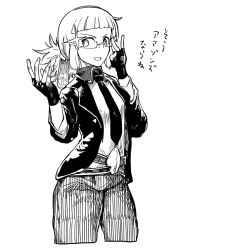 Rule 34 | 1girl, adjusting eyewear, blunt bangs, cowboy shot, fate/grand order, fate (series), fingerless gloves, glasses, gloves, greyscale, looking at viewer, monochrome, necktie, open mouth, penthesilea (fate), semi-rimless eyewear, smile, solo, tkms, translation request, under-rim eyewear, white background