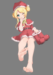 Rule 34 | 1girl, :3, absurdres, barefoot, blonde hair, blue eyes, boots, double bun, feet, foot focus, foreshortening, fur-trimmed headwear, fur trim, grey background, hair bun, hand to own mouth, hat, highres, himesaka noa, holding, holding shoes, long hair, looking at viewer, one eye closed, santa costume, santa hat, shoes, simple background, soles, solo, toes, unworn boots, unworn shoes, watashi ni tenshi ga maiorita!, wink