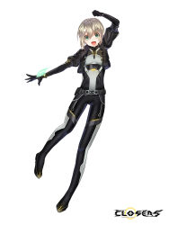 Rule 34 | 1boy, black jacket, bodysuit, closers, dynamic pose, full body, green eyes, highres, jacket, light brown hair, male focus, mistilteinn (closers), non-web source, official art, open mouth, science fiction