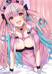 Rule 34 | 1girl, ahoge, aqua hair, bed sheet, bent over, black bow, black ribbon, blunt bangs, blush, bow, braid, breasts, chest harness, cleavage, collarbone, colored inner hair, cross print, curtains, drill hair, dyed ahoge, ear piercing, fangs, gloves, hair bow, hair ribbon, harness, hat, heart, heart print, highres, hololive, large breasts, long hair, looking at viewer, mi taro333, minato aqua, multicolored hair, multiple piercings, nurse cap, o-ring, piercing, pink curtains, pink eyes, pink hair, pink hat, polka dot, ribbon, smile, solo, streaked hair, teeth, thighhighs, triangle hair ornament, twin braids, twin drills, twintails, two-tone hair, upper teeth only, virtual youtuber, white gloves, white thighhighs