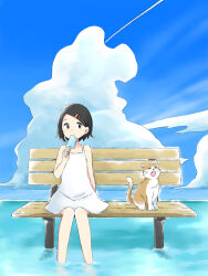 Rule 34 | 1girl, azchipi, bare arms, bare legs, bench, black eyes, black hair, blue background, blue sky, cat, cloud, contrail, cumulonimbus cloud, day, dress, eating, food, hair ornament, hairclip, highres, holding, holding food, holding popsicle, looking to the side, original, outdoors, partially submerged, popsicle, short hair, sitting, sky, solo, white dress, yawning