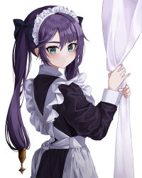 Rule 34 | 1girl, alternate costume, apron, back bow, black shirt, black skirt, blush, bow, closed mouth, enmaided, from side, genshin impact, green eyes, hair between eyes, hair bow, hee (user ykux4248), long hair, long sleeves, looking at viewer, looking back, maid, mona (genshin impact), purple hair, shirt, skirt, solo, sweatdrop, twintails, very long hair, white apron, white background
