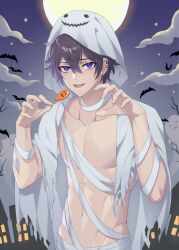 Rule 34 | 1boy, bandages, black hair, candy, cloud, earrings, finch (blanc1771), food, halloween, halloween costume, highres, indie virtual youtuber, jack-o&#039;-lantern, jewelry, looking at viewer, male focus, moon, muscular, muscular male, night, open mouth, purple eyes, short hair, shoto (vtuber), sky, smile, solo, topless male, virtual youtuber