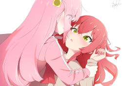 Rule 34 | 2girls, absurdres, assertive female, blue eyes, blush, bocchi the rock!, bow, closed mouth, commentary request, cube hair ornament, ear blush, embarrassed, eye contact, eyes visible through hair, girl on top, gotoh hitori, hair between eyes, hair ornament, highres, holding another&#039;s wrist, jacket, kita ikuyo, long hair, looking at another, looking down, looking up, medium hair, multiple girls, parted lips, pink hair, ponytail, red hair, restrained, school uniform, serious, side ponytail, signature, simple background, strings-lover, track jacket, upper body, white background, yellow eyes, yuri