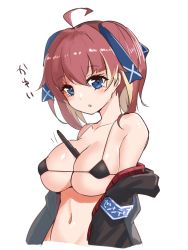 Rule 34 | 1girl, :o, ahoge, armband, bare shoulders, between breasts, bikini, black bikini, black jacket, blue eyes, blue ribbon, blush, breasts, brown hair, collarbone, cropped torso, hair between eyes, hair ribbon, highres, jacket, large breasts, mole, mole under eye, multicolored hair, navel, off shoulder, open clothes, open jacket, original, parted lips, ribbon, rumiya9i, simple background, solo, stylus, swimsuit, translation request, twintails, two-tone hair, upper body, white background