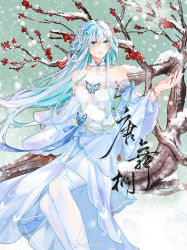 Rule 34 | 1girl, absurdres, bracelet, branch, butterfly ornament, choker, douluo dalu, dress, flower, hair ornament, hair rings, highres, jewelry, long sleeves, looking to the side, outstretched hand, sitting, snow, solo, tang wutong (douluo dalu), thighhighs, white dress, wulin meng zhu 106