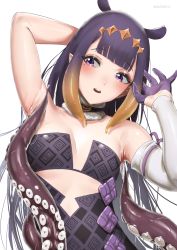 Rule 34 | 1girl, absurdres, animal ears, arm behind head, arm up, armpits, black dress, breasts, commentary, commission, detached sleeves, dress, english commentary, gloves, gradient hair, half gloves, hand up, highres, hololive, hololive english, kirinkirin, long hair, looking at viewer, makeup, mole, mole under eye, multicolored hair, ninomae ina&#039;nis, open mouth, orange hair, purple eyes, purple gloves, purple hair, simple background, single sleeve, small breasts, solo, strapless, strapless dress, teeth, tentacle hair, tentacles, tiara, tube dress, upper body, upper teeth only, virtual youtuber