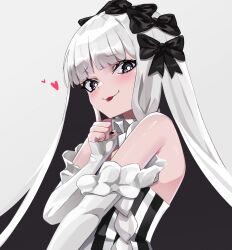 Rule 34 | 1girl, absurdres, black bow, black eyes, black hair, bow, colored inner hair, detached sleeves, dress, fate/strange fake, fate (series), francesca prelati (fate), hair bow, highres, long hair, long sleeves, looking at viewer, mask, multicolored hair, multiple hair bows, ringed eyes, skull mask, smile, strapless, strapless dress, striped clothes, striped dress, umeo (pixiv51103813), upper body, vertical-striped clothes, vertical-striped dress, very long hair, white hair, white sleeves