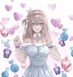 Rule 34 | 1girl, absurdres, bad id, bad pixiv id, bare shoulders, blue dress, blue eyes, blue neckwear, blue ribbon, bottle, breasts, brown hair, collarbone, commentary, cosmetics, detached collar, dress, fingernails, fur-trimmed dress, fur trim, gem, girls&#039; frontline, hair between eyes, hair intakes, hair ornament, hair ribbon, hairband, hand up, heart, highres, holding lipstick, light particles, lipstick, lipstick tube, long hair, long sleeves, looking at viewer, makeup, medium breasts, myless, official alternate costume, open mouth, perfume bottle, pink lips, pom pom (clothes), rabbit hair ornament, ribbon, round teeth, sidelocks, smile, solo, strapless, strapless dress, suomi (girls&#039; frontline), suomi (korvatunturi pixie) (girls&#039; frontline), teeth, upper body, upper teeth only, white background, white hairband
