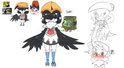 Rule 34 | 1girl, @ @, absurdres, bird, bird legs, black feathers, black hair, black wings, blue eyes, blush, book, commentary, english commentary, feathers, glasses, hair over eyes, harpy, highres, holding, holding book, kooki (eogks), monster girl, nn (eogks), original, reference inset, short hair, simple background, toucan, white background, winged arms, wings