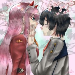 Rule 34 | 10s, 1boy, 1girl, aqua eyes, black hair, breasts, cherry blossoms, closed eyes, couple, darling in the franxx, emiliemilimontesco, face-to-face, facing another, flower, hair ornament, hairband, hands on another&#039;s face, hetero, highres, hiro (darling in the franxx), horns, long hair, long sleeves, looking at another, medium breasts, military, military uniform, necktie, oni horns, orange neckwear, pink hair, red horns, red neckwear, short hair, signature, uniform, white hairband, zero two (darling in the franxx)
