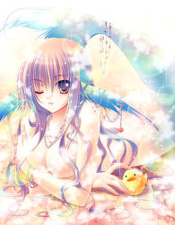 Rule 34 | 1girl, beads, breast rest, breasts, bubble, cleavage, colorful, completely nude, crossed arms, fins, head fins, jewelry, large breasts, long hair, looking at viewer, lying, mermaid, monster girl, necklace, nishiwaki yuuri, nude, on stomach, one eye closed, parted lips, purple hair, rubber duck, solo, sparkle, wink