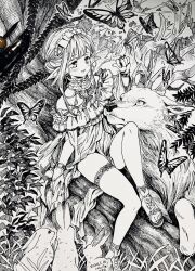 Rule 34 | 1girl, amezawa koma, art tools in frame, bare shoulders, bird, bird on hand, blush, bug, butterfly, commentary, deer, dress, elf, full body, greyscale, hairband, highres, insect, monochrome, nature, nib pen (medium), original, outdoors, photo (medium), pointy ears, rabbit, sandals, short dress, sitting, smile, solo, thigh strap, traditional media, tree