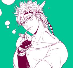 Rule 34 | 1boy, blonde hair, bubble, blowing bubbles, caesar anthonio zeppeli, facial mark, feather hair ornament, feathers, fingerless gloves, gamako, gloves, green background, hair ornament, headband, jojo no kimyou na bouken, male focus, monochrome, simple background, smoking pipe, solo