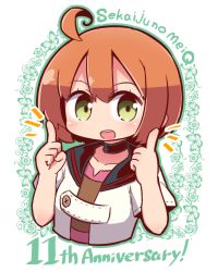 Rule 34 | 1girl, :d, ahoge, anniversary, black choker, blush, brown hair, bug, butterfly, choker, collarbone, commentary request, copyright name, etrian odyssey, green eyes, hair between eyes, hands up, index finger raised, insect, jacket, looking at viewer, medic (sekaiju), naga u, open clothes, open jacket, open mouth, short hair, short sleeves, smile, solo, white background, white jacket