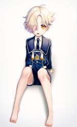 Rule 34 | 1boy, arm support, asanabe, barefoot, belt, blonde hair, blue jacket, blue necktie, blue shorts, blush, freckles, full body, gokotai, hair over one eye, jacket, knees up, long sleeves, looking at viewer, male focus, necktie, open mouth, shiny skin, shirt, short hair, short shorts, shorts, simple background, sitting, solo, touken ranbu, white background, white shirt, yellow eyes