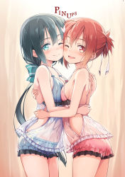 Rule 34 | 10s, 2girls, ;), ;d, ass, asymmetrical docking, bad id, bare arms, bare shoulders, blue bow, blue eyes, blush, bow, breast press, breasts, camisole, cheek-to-cheek, clothing cutout, collarbone, comic, cowboy shot, from side, hair between eyes, hair bow, heads together, heart, highres, hug, long hair, looking at viewer, low ponytail, medium breasts, michairu, multiple girls, navel, one eye closed, open mouth, ponytail, red bow, red eyes, red hair, ribbon-trimmed clothes, ribbon trim, see-through, short hair, side cutout, sideboob, small breasts, smile, stomach, tougou mimori, very long hair, yuri, yuuki yuuna, yuuki yuuna wa yuusha de aru, yuusha de aru