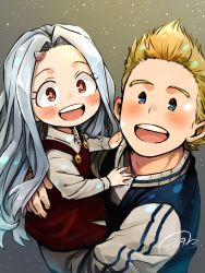Rule 34 | 1boy, 1girl, :d, artist name, blonde hair, blue eyes, blue hair, blue stripes, blush, blush stickers, boku no hero academia, carrying, carrying person, child, child carry, collared shirt, cowlick, double vertical stripe, dress, dress shirt, ear blush, eri (boku no hero academia), forehead, gradient background, hand on another&#039;s back, hands on another&#039;s chest, happy, highres, horns, hug, jacket, light blue hair, long hair, looking at viewer, mullet, no sclera, open mouth, pinafore dress, rechain, red dress, red eyes, shirt, sidelocks, signature, single horn, sitting on arm, sleeveless, sleeveless dress, smile, teeth, togata mirio, upper body, upper teeth only, white shirt