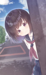 Rule 34 | 1girl, black sailor collar, black skirt, blurry, blurry background, blush, brown eyes, brown hair, brown neckerchief, closed mouth, commentary request, day, depth of field, dutch angle, highres, looking at viewer, mimikaki (men bow), neckerchief, original, outdoors, peeking out, pleated skirt, sailor collar, school uniform, serafuku, shirt, skirt, smile, solo, white shirt