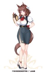Rule 34 | 1girl, absurdres, animal ears, ascot, belt, black belt, black footwear, black gloves, black skirt, blush, breasts, brown hair, cleavage, clipboard, commentary request, ear ornament, full body, gloves, hand on own hip, heel up, high heels, highres, holding, holding clipboard, horse ears, horse girl, horse tail, large breasts, legs, light hello (umamusume), looking at viewer, medium hair, pink eyes, puffy short sleeves, puffy sleeves, red ascot, shinonome (shinonome rynn), shirt, short sleeves, simple background, skirt, smile, solo, tail, toe cleavage, twitter username, two-tone footwear, umamusume, white background, white footwear, white shirt