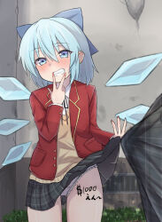 Rule 34 | 1boy, 1girl, black ribbon, blazer, blue bow, blue eyes, blue hair, blue panties, body writing, bow, bulge, cirno, clothes lift, commentary request, fingernails, grass, grey pants, grey skirt, grin, hair bow, highres, jacket, kuzumatora, lifting own clothes, looking at viewer, neck ribbon, open clothes, open jacket, outdoors, panties, pants, pantyshot, polka dot, polka dot panties, prostitution, red jacket, red nails, ribbon, school uniform, short hair, skirt, skirt lift, smile, solo focus, standing, sweater vest, teeth, touhou, translation request, underwear, wings, yellow sweater vest