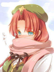 Rule 34 | 1girl, blue eyes, blush, bow, braid, face, full-face blush, hair bow, hat, hong meiling, jpeg artifacts, long hair, monety, red hair, scarf, solo, star (symbol), touhou, translation request, twin braids