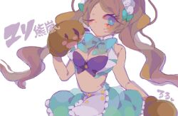 Rule 34 | 1girl, animal hands, apron, bear paws, blush, bow, breasts, brown hair, character name, cleavage, closed mouth, commentary request, copyright name, crop top, gloves, green bow, green skirt, hair bow, hand up, long hair, looking at viewer, maid headdress, medium breasts, navel, nekototukimisou, one eye closed, paw gloves, simple background, skirt, solo, standing, twintails, waist apron, white background, yuri kuma arashi, yurigasaki lulu