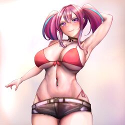 Rule 34 | 1girl, absurdres, amagasa hitomi, arm up, armpits, azur lane, bare shoulders, belt, bikini, black choker, black shorts, blush, breasts, bremerton (azur lane), choker, cleavage, closed mouth, collarbone, commentary, cowboy shot, ear piercing, front-tie bikini top, front-tie top, grey belt, grey hair, groin, hair between eyes, hair intakes, highres, large breasts, lifebuoy ornament, long hair, looking at viewer, micro shorts, mole, mole on breast, mole under eye, multicolored hair, navel, navel piercing, no shirt, piercing, pink bikini, pink eyes, pink hair, shorts, side-tie bikini bottom, sidelocks, simple background, smile, solo, standing, stomach, streaked hair, swimsuit, twintails, two-tone hair
