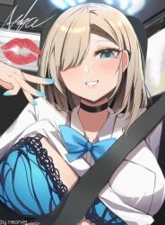 Rule 34 | 1girl, absurdres, asuna (blue archive), blonde hair, blue archive, blue bra, blue nails, bra, breasts, car interior, grin, halo, highres, lace, lace bra, large breasts, long hair, looking at viewer, nail polish, nearvel, school uniform, shirt, smile, underwear, white shirt