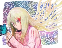 Rule 34 | 10s, 1girl, :o, bad id, bad pixiv id, blonde hair, blush, bufm, bug, butterfly, butterfly on hand, floating hair, insect, long hair, long sleeves, looking at viewer, multicolored hair, open mouth, own hands together, parted lips, pink eyes, poe (space dandy), solo, space dandy, upper body, very long hair, wind