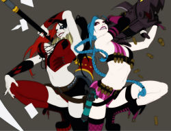 Rule 34 | 2girls, batman (series), belt, blue hair, boots, braid, breasts, bullet, crossover, dc comics, gun, hammer, harley quinn, highres, jinx (league of legends), league of legends, lipstick, makeup, multicolored hair, multiple girls, navel, pink eyes, purple lips, shorts, small breasts, studded belt, thigh strap, thighhighs, twin braids, twintails, two-tone hair, weapon