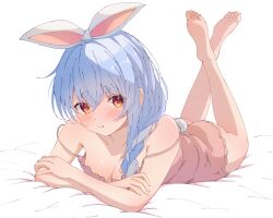Rule 34 | 1girl, absurdres, alternate costume, armpit crease, ass, bare legs, bare shoulders, barefoot, bed sheet, blue hair, bow, braid, breasts, collarbone, crossed bangs, dress, feet, feet up, full body, hair between eyes, hair bow, hair over shoulder, highres, hololive, looking at viewer, lying, maccaron61, medium breasts, multicolored hair, on stomach, orange eyes, pink dress, pout, simple background, sleepwear, soles, strap slip, streaked hair, the pose, toes, usada pekora, virtual youtuber, white background, white bow