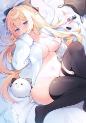 Rule 34 | 1girl, bag, bed sheet, black thighhighs, blonde hair, blunt bangs, blush, bottomless, breasts, cleavage, collarbone, commentary request, commission, cosmetics, covering own mouth, cowlick, eyelashes, feet out of frame, forehead, full body, hair ornament, highres, knee up, legs folded, lipstick, lipstick tube, long hair, long sleeves, looking at viewer, lying, makeup, medium breasts, naked shirt, navel, no bra, on back, open clothes, open shirt, original, pillow, purple eyes, sen light, shadow, shirt, shoes, sleeves past wrists, solo, sparkle, stuffed toy, thigh strap, thighhighs, thighs, unworn shoes, white footwear, white shirt, white sleeves