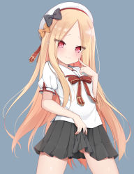 Rule 34 | 1girl, abigail williams (fate), bad id, bad pixiv id, beret, black bow, black skirt, blonde hair, blue background, blush, bow, breasts, fate/grand order, fate (series), forehead, hair bow, hat, highres, homurahara academy school uniform, kamu (geeenius), long hair, looking at viewer, neck ribbon, orange bow, parted bangs, pleated skirt, puffy short sleeves, puffy sleeves, red eyes, red ribbon, ribbon, sailor collar, school uniform, serafuku, shirt, short sleeves, simple background, skirt, small breasts, smile, solo, thighs, white shirt